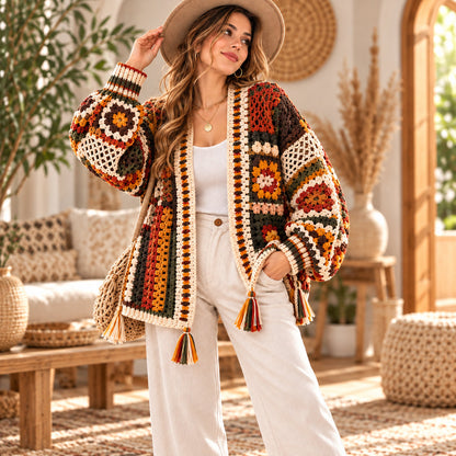 Boho Floral Granny Square Cardigan Crochet Pattern PDF – Lace & Tassel Jacket