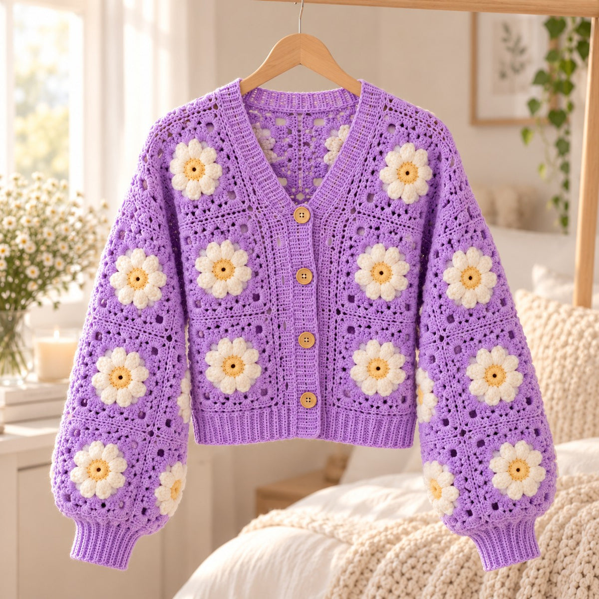 Lavender Daisy Granny Square Cardigan Crochet Pattern PDF – XS–5XL