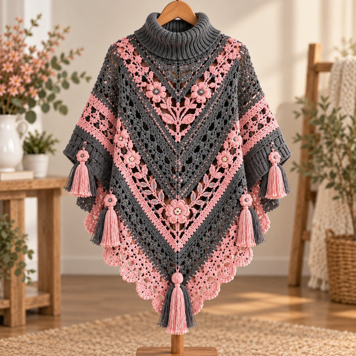 Floral Crochet Poncho Pattern PDF – Boho Cape with 3D Flowers & Tassel Fringe