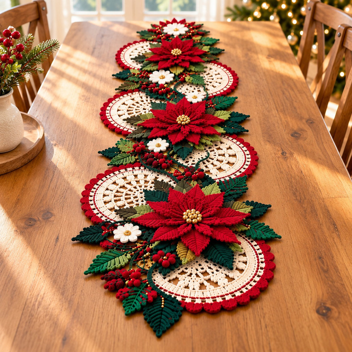 Christmas Poinsettia Table Runner Crochet Pattern PDF – 3D Floral Centerpiece