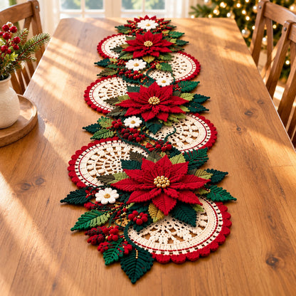 Christmas Poinsettia Table Runner Crochet Pattern PDF – 3D Floral Centerpiece
