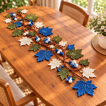 Handmade Crochet Maple Leaf Table Runner – Blue, Olive & Cream Fall Decor