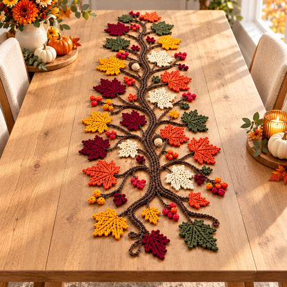 Autumn Tree Table Runner Crochet Pattern PDF – Maple Leaves, Berries & Acorns