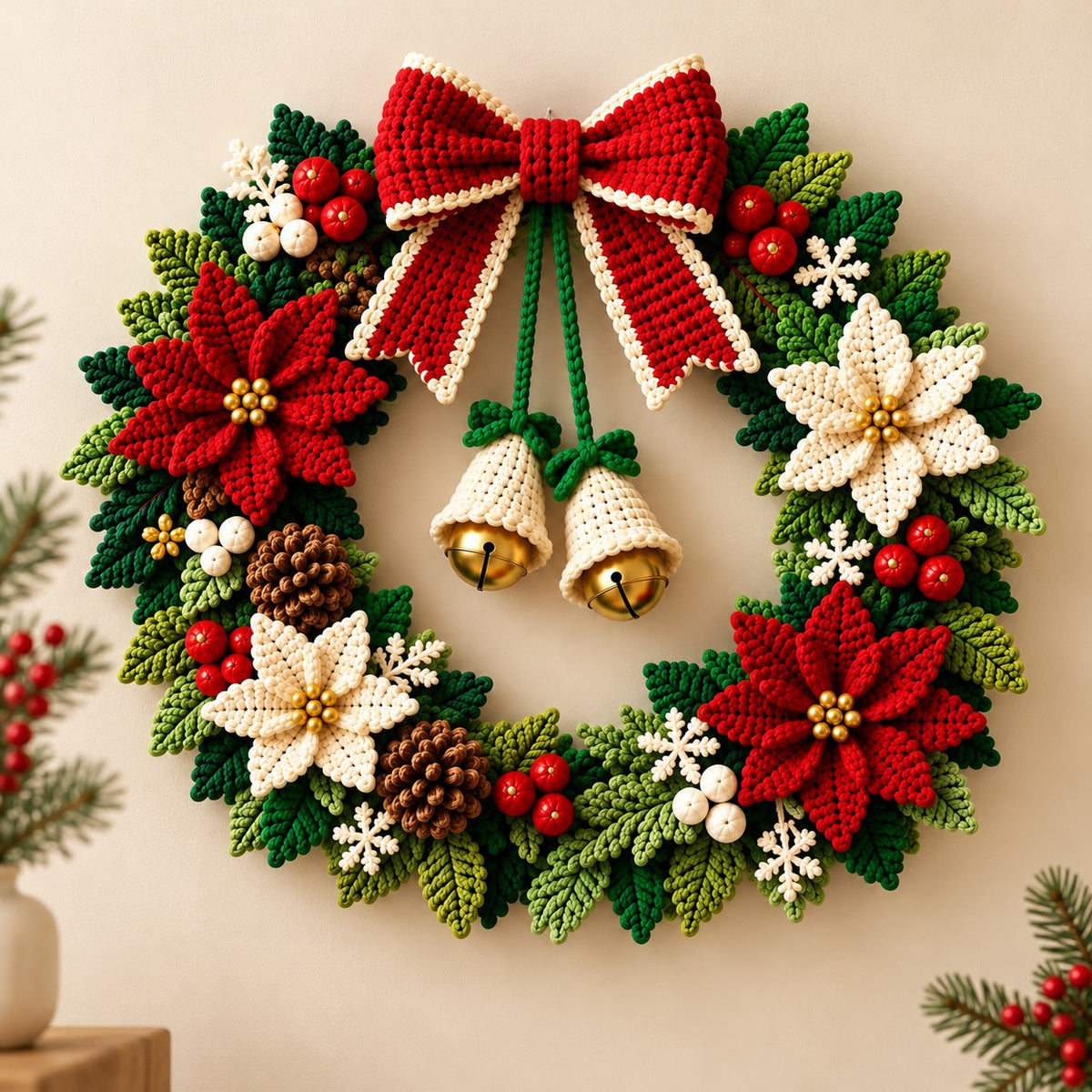 Crochet Christmas Wreath Pattern PDF – Poinsettia, Bow, Bells & Holiday Decor