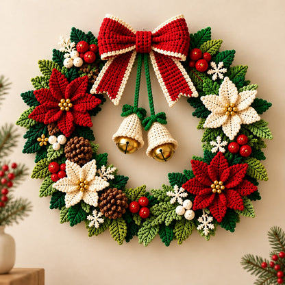 Crochet Christmas Wreath Pattern PDF – Poinsettia, Bow, Bells & Holiday Decor
