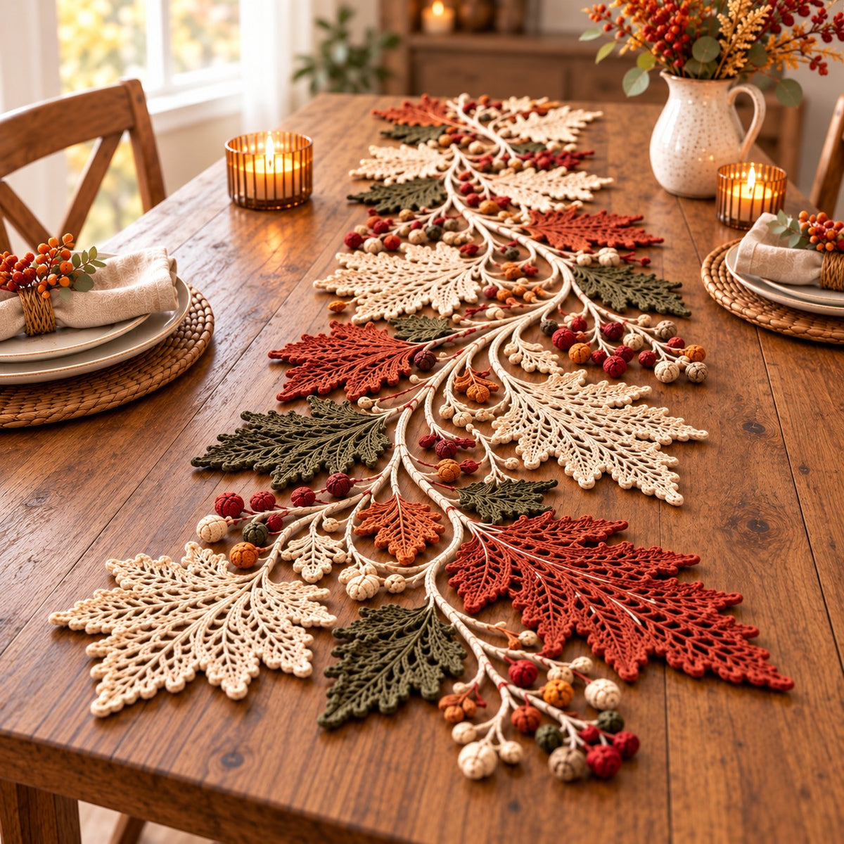 Autumn Leaf Table Runner & Coaster Set Crochet Pattern PDF – Botanical Lace