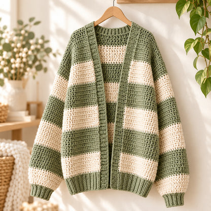 Oversized Chunky Cardigan Crochet Pattern PDF, Beginner Striped Sweater