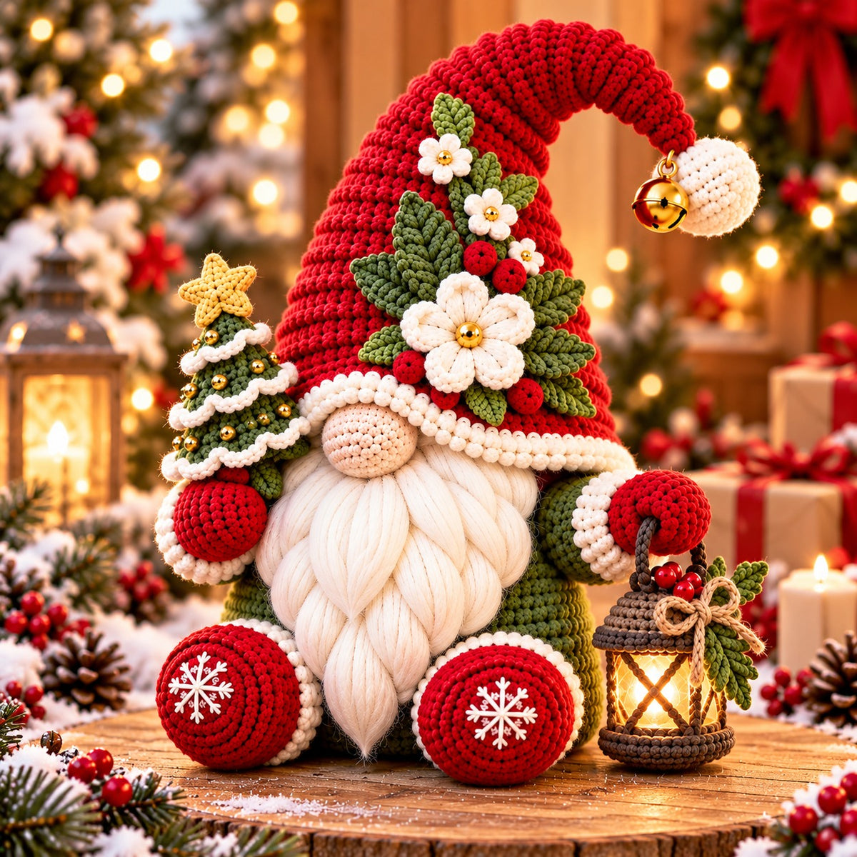 Christmas Gnome Crochet Pattern PDF – Lantern, Mini Tree & Flower Hat