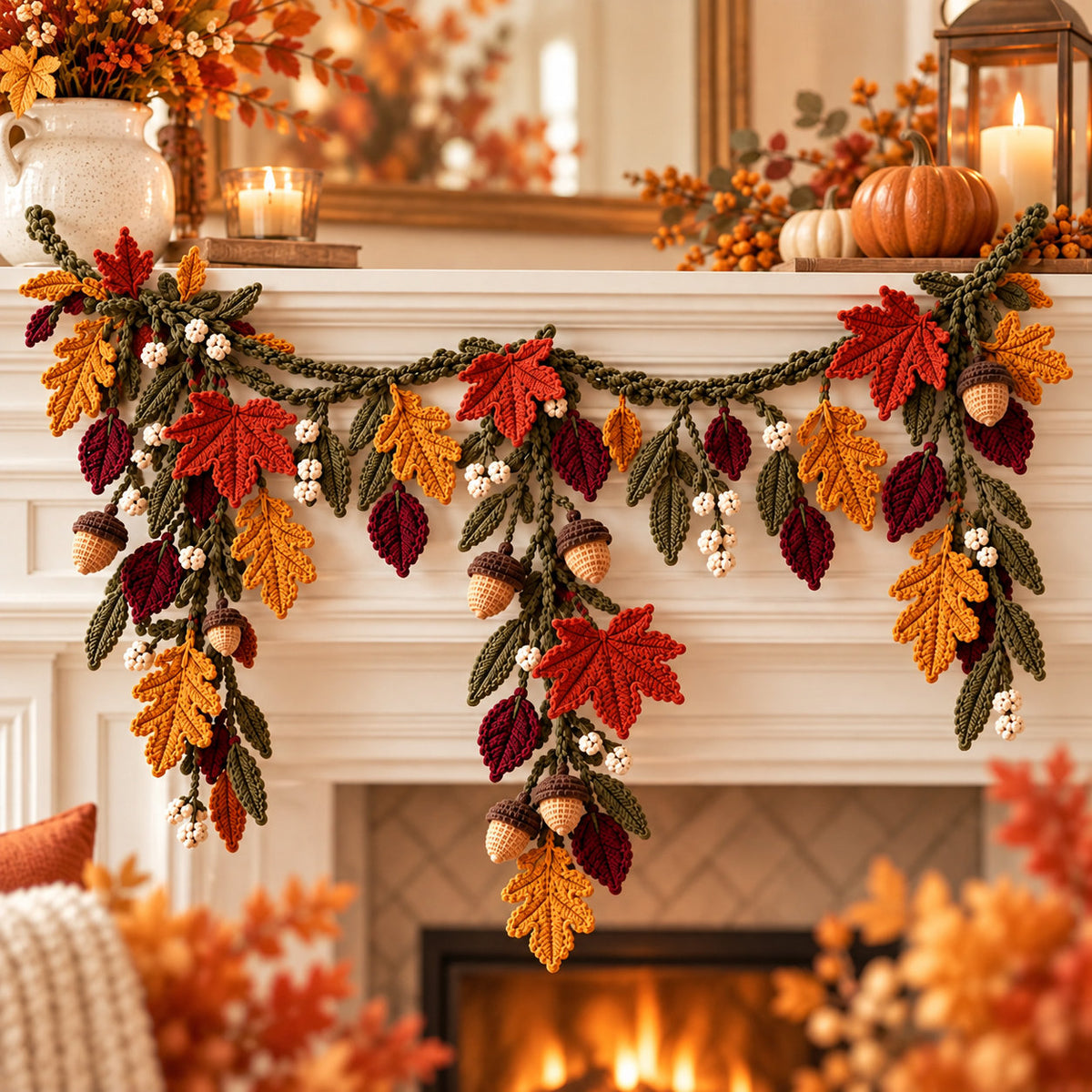 Crochet Fall Garland Pattern PDF – Maple Leaves, Acorns & Autumn Mantel Decor