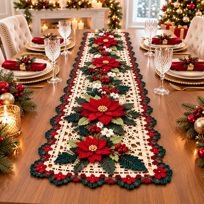 Crochet Poinsettia Table Runner Pattern – Dimensional Christmas Floral PDF