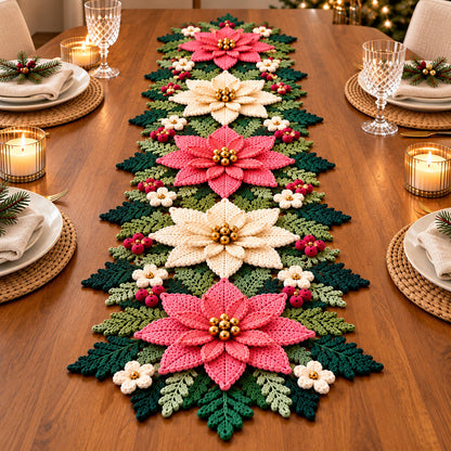 Christmas Poinsettia Table Runner Crochet Pattern PDF – Photo Tutorial