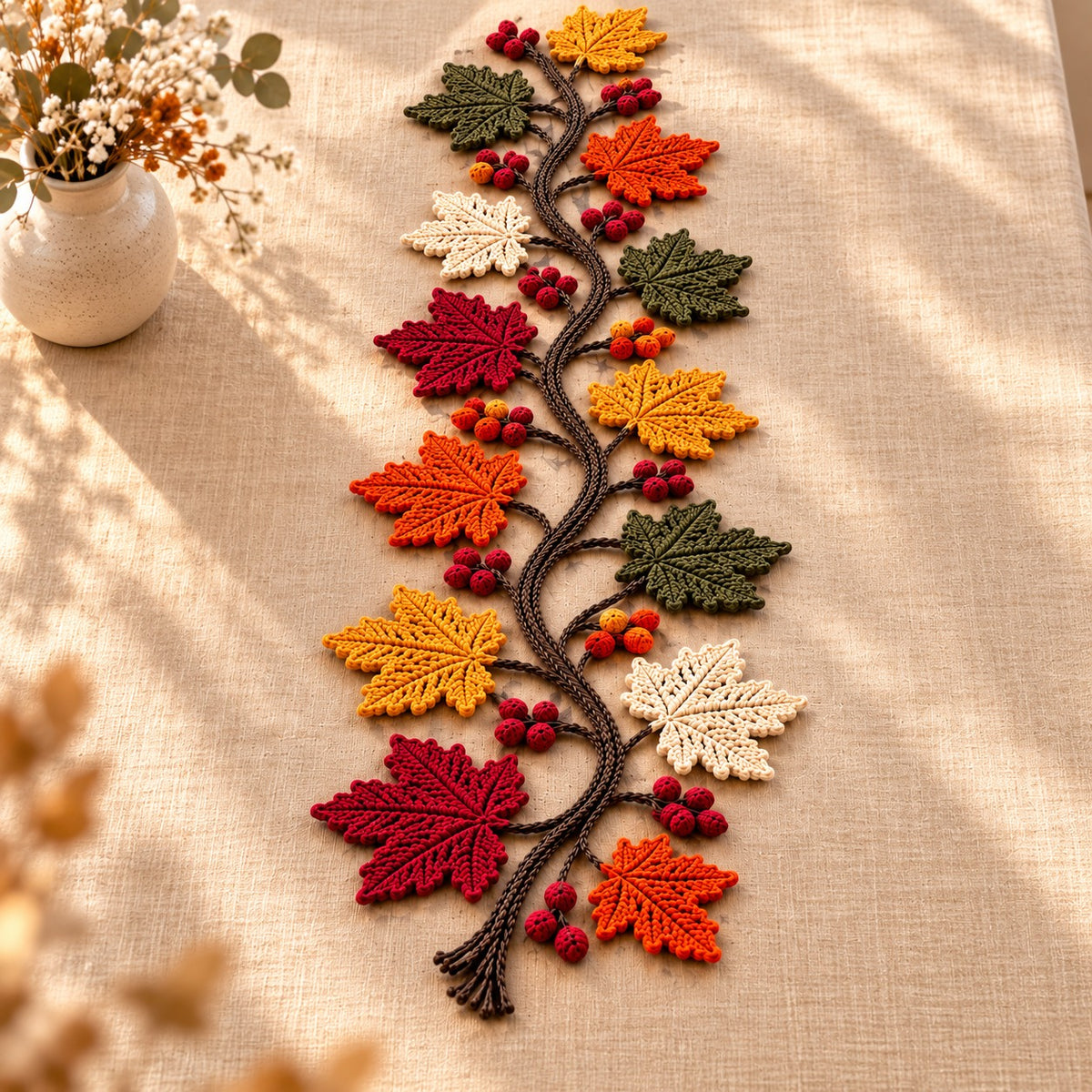 Autumn Maple Leaf Table Runner Crochet Pattern PDF – Fall Vine & Berry Decor