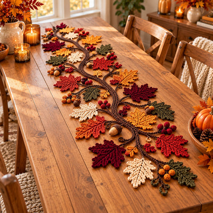 Autumn Leaf Crochet Table Runner Pattern PDF – Maple Leaves, Acorns & Vine