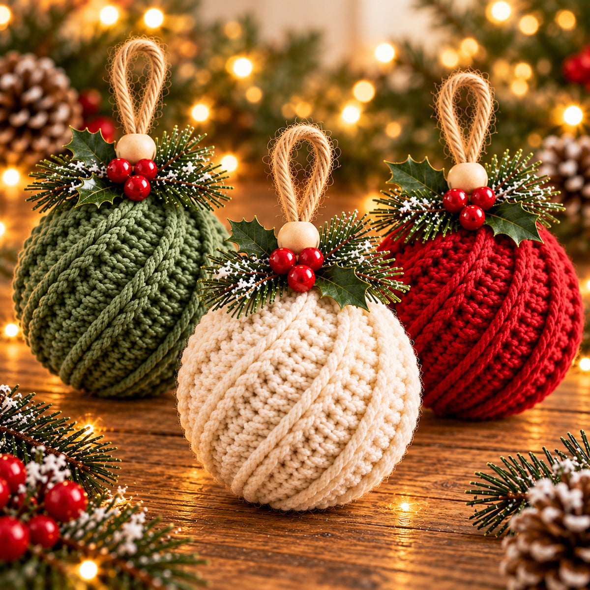 Crochet Christmas Ornament Pattern PDF – Twisted-Rib Bauble, Wooden Bead & Linen Bow
