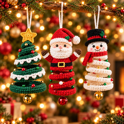 Crochet Christmas Ornament Set – Santa, Snowman & Tree Hanging Decor