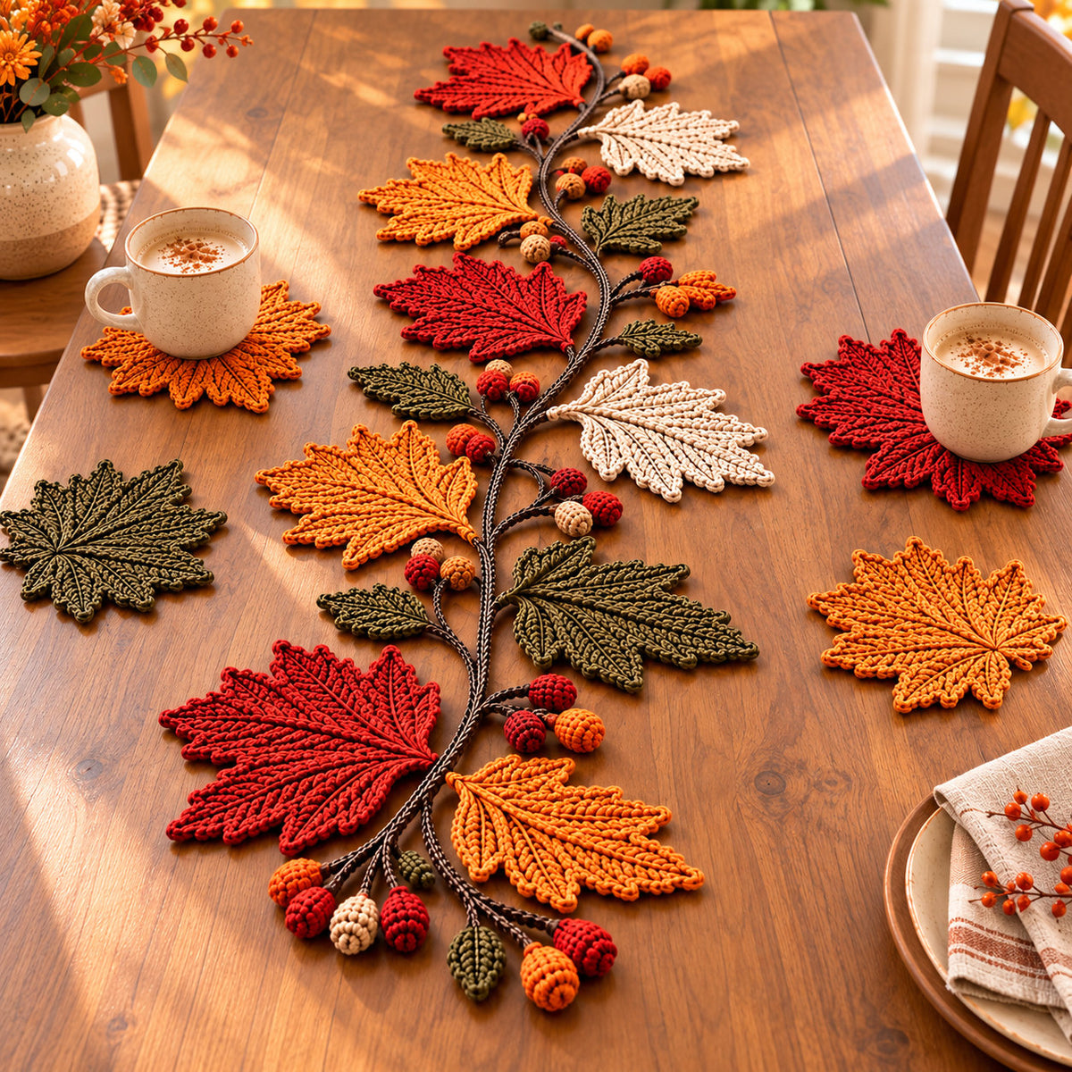 Autumn Maple Leaf Table Runner Crochet Pattern PDF – 6 Coasters Included