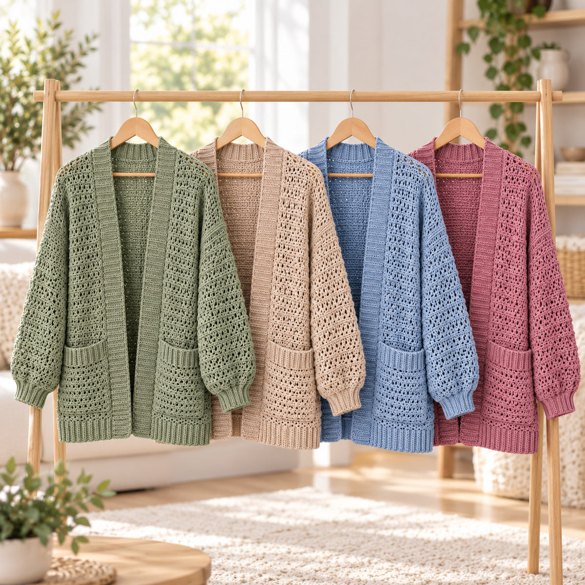 Willow Crochet Cardigan Pattern PDF – Open Front with Pockets, XS–3XL