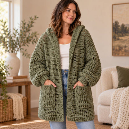 Crochet Hooded Cardigan Pattern PDF – Chunky Textured Oversized Pocket Sweater