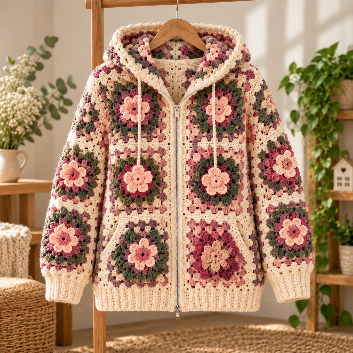 3D Flower Granny Square Hoodie Crochet Pattern – Oversized Zip-Up Cardigan PDF