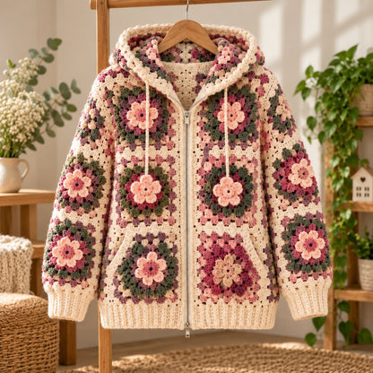 3D Flower Granny Square Hoodie Crochet Pattern – Oversized Zip-Up Cardigan PDF
