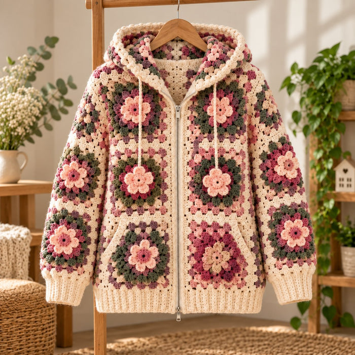 3D Flower Granny Square Hoodie Crochet Pattern – Oversized Zip-Up Cardigan PDF