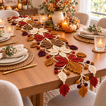 Crochet Autumn Floral Table Runner Pattern PDF | Fall Leaf & Berry Decor