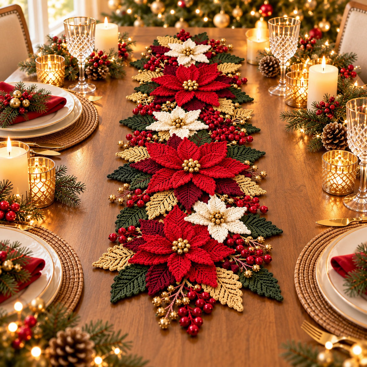 Crochet Poinsettia Table Runner Pattern PDF – Christmas Floral Centerpiece