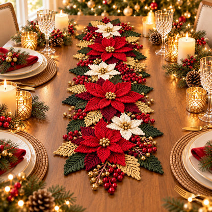 Crochet Poinsettia Table Runner Pattern PDF – Christmas Floral Centerpiece