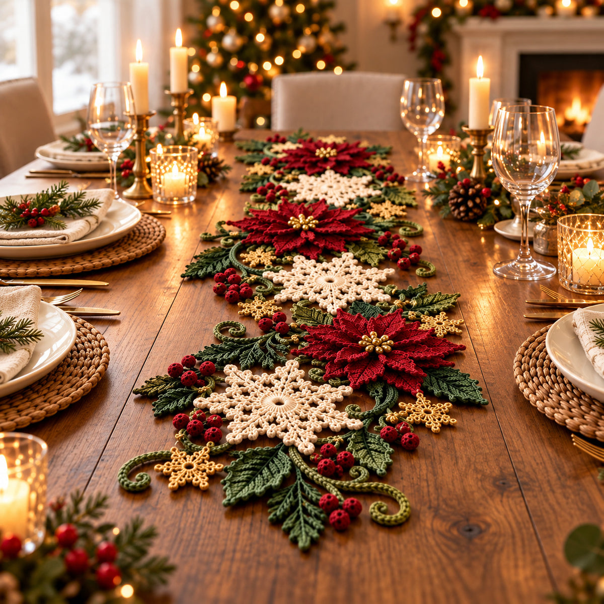 Christmas Poinsettia Snowflake Table Runner Crochet Pattern PDF – 68–72 in Holiday Centerpiece