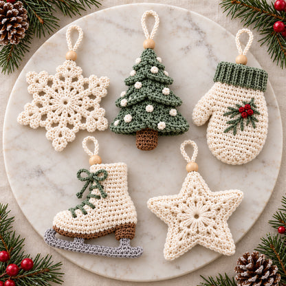 5 Christmas Ornament Crochet Patterns PDF – Snowflake, Tree, Star, Mitten & Ice Skate