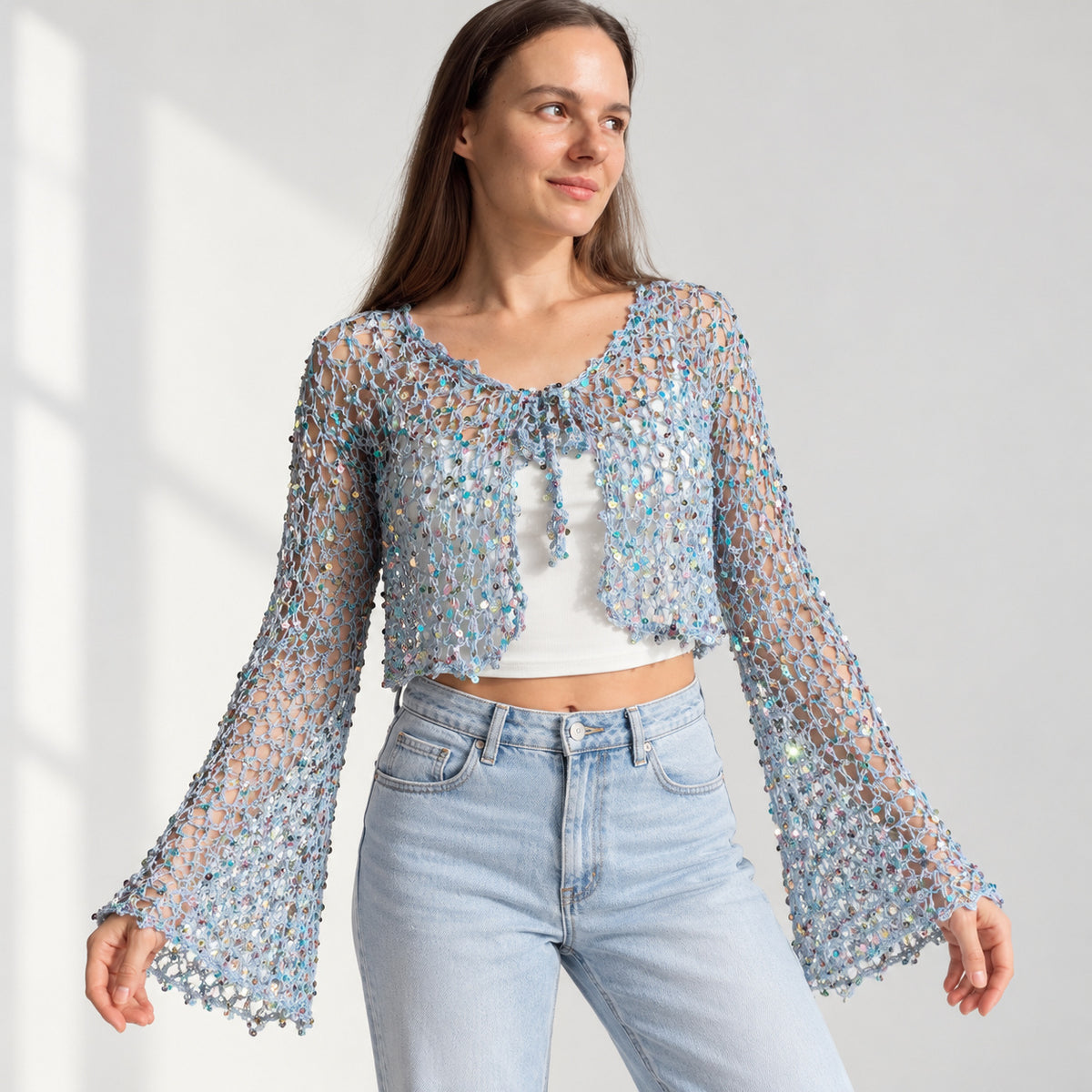 Angel Cardigan Crochet Pattern PDF – Made-to-Measure Sequin Mesh Tie Front