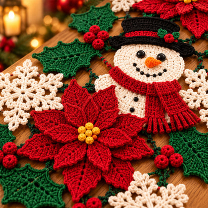 Christmas Table Runner Crochet Pattern PDF – Snowman, Poinsettia & Snowflake Decor