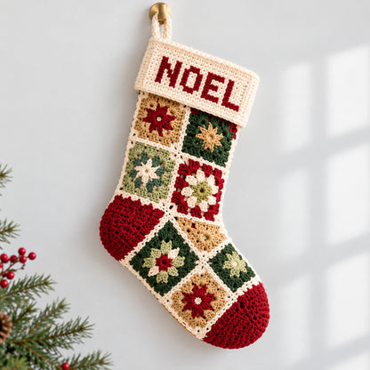 Personalized Granny Square Christmas Stocking Crochet Pattern PDF – 3 Sizes + A–Z Charts