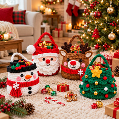 4 Christmas Gift Bag Crochet Patterns Bundle PDF – Santa, Reindeer, Snowman & Tree
