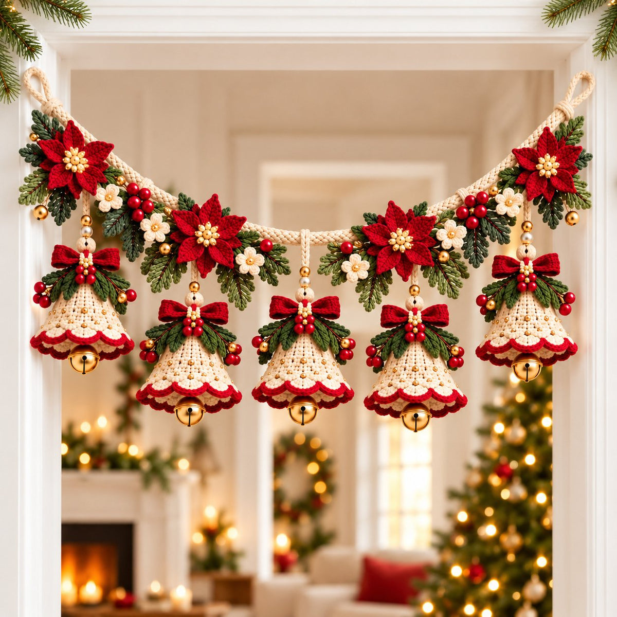 Christmas Bell Garland Crochet Pattern PDF – Poinsettia Holiday Decor