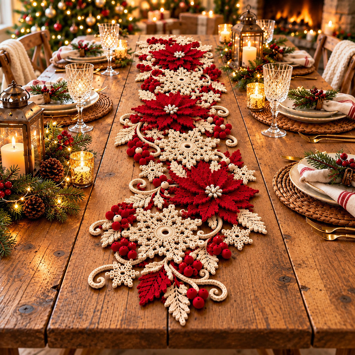 Poinsettia Snowflake Table Runner Crochet Pattern PDF – Christmas Table Decor