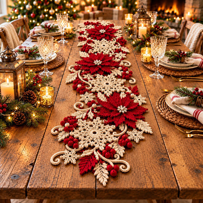 Poinsettia Snowflake Table Runner Crochet Pattern PDF – Christmas Table Decor