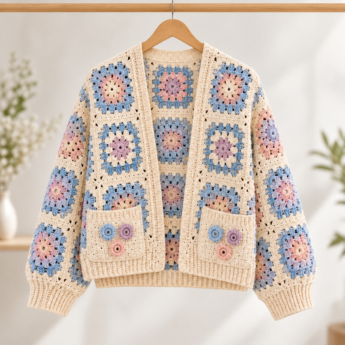 Floral Granny Square Cardigan Crochet Pattern PDF – Boho Pocket Sweater