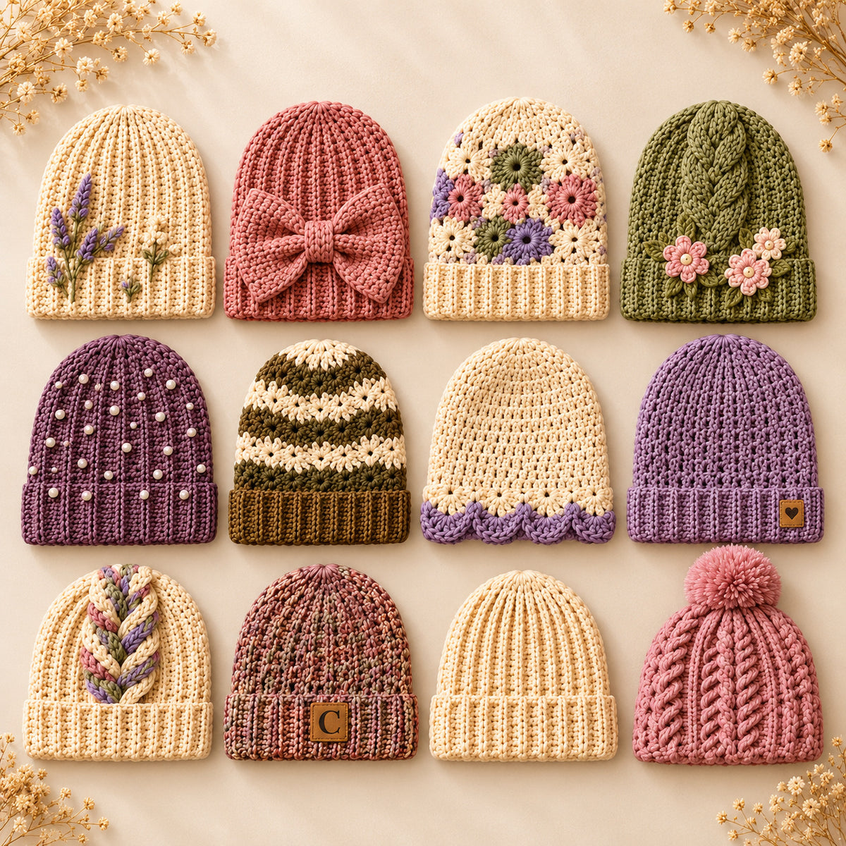 12 Crochet Beanie Patterns Bundle PDF – Modern Winter Hats, Bow, Floral & Chunky