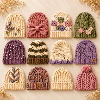 12 Crochet Beanie Patterns Bundle PDF – Modern Winter Hats, Bow, Floral & Chunky