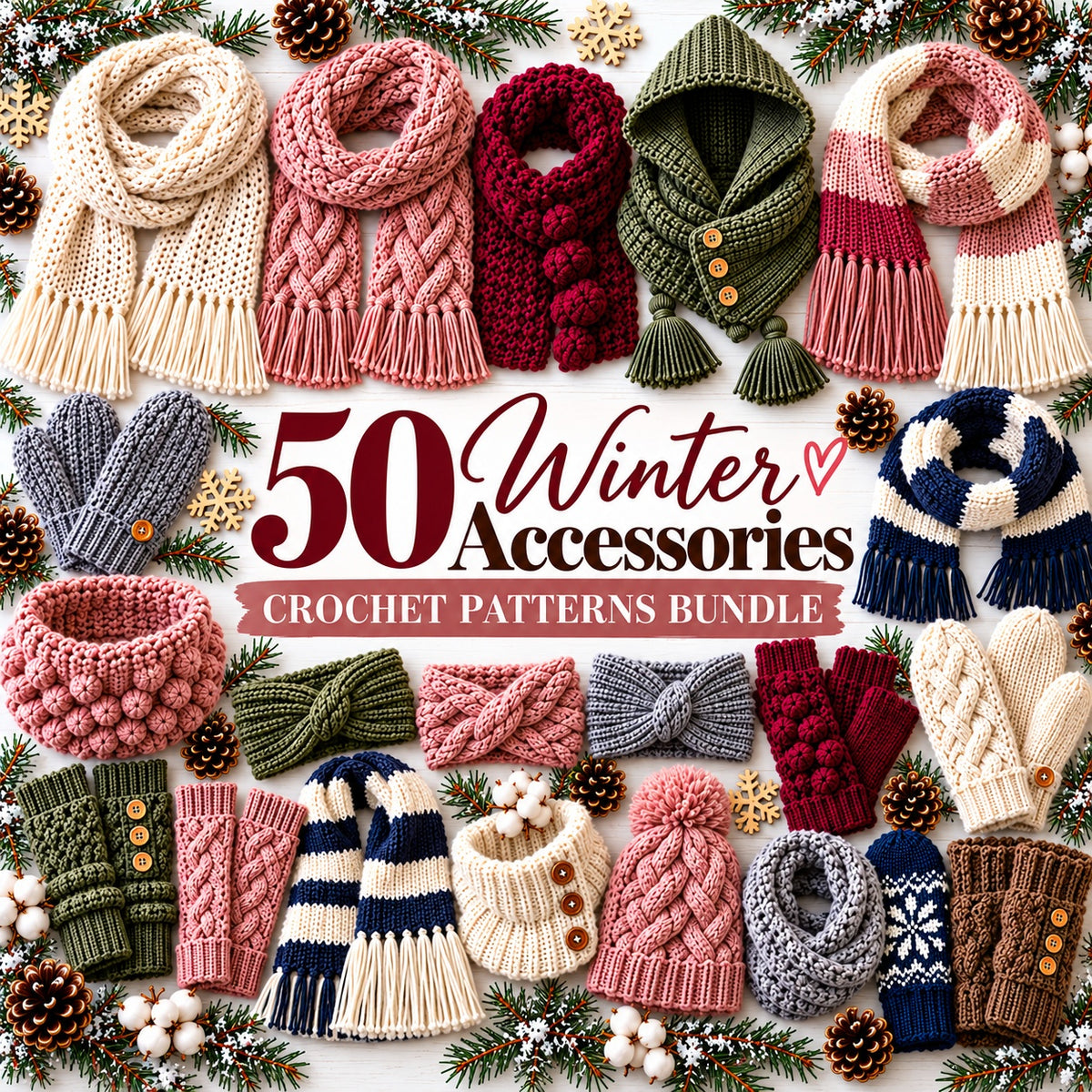 50 Winter Accessories Crochet Patterns Bundle PDF – Scarves, Mittens, Cowls & More