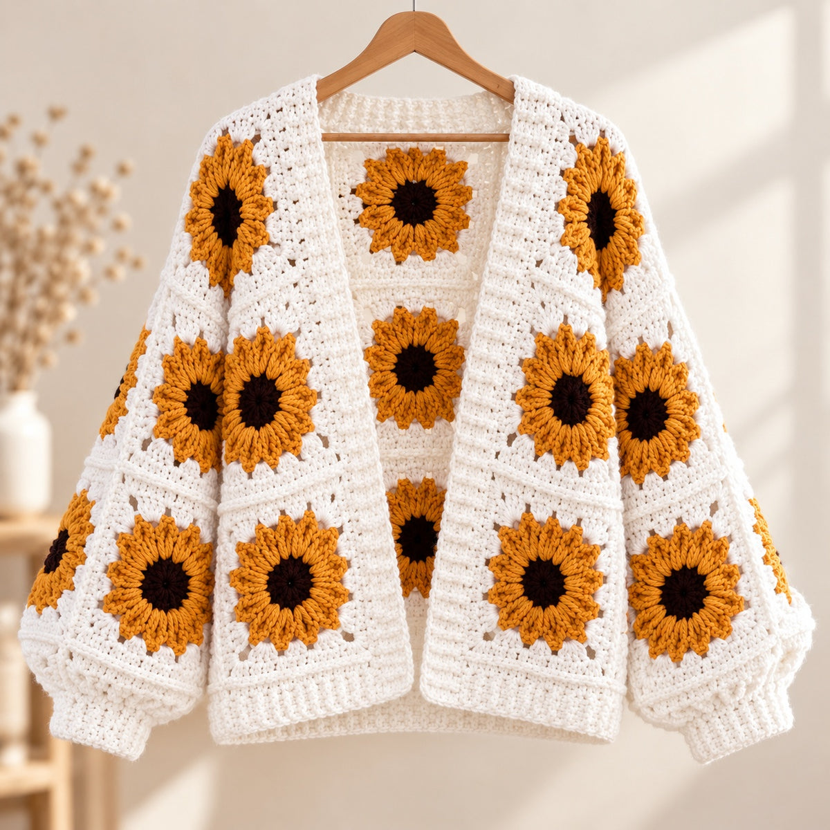 Sunflower Granny Square Cardigan Crochet Pattern PDF – Oversized Floral Jacket