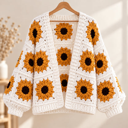 Sunflower Granny Square Cardigan Crochet Pattern PDF – Oversized Floral Jacket