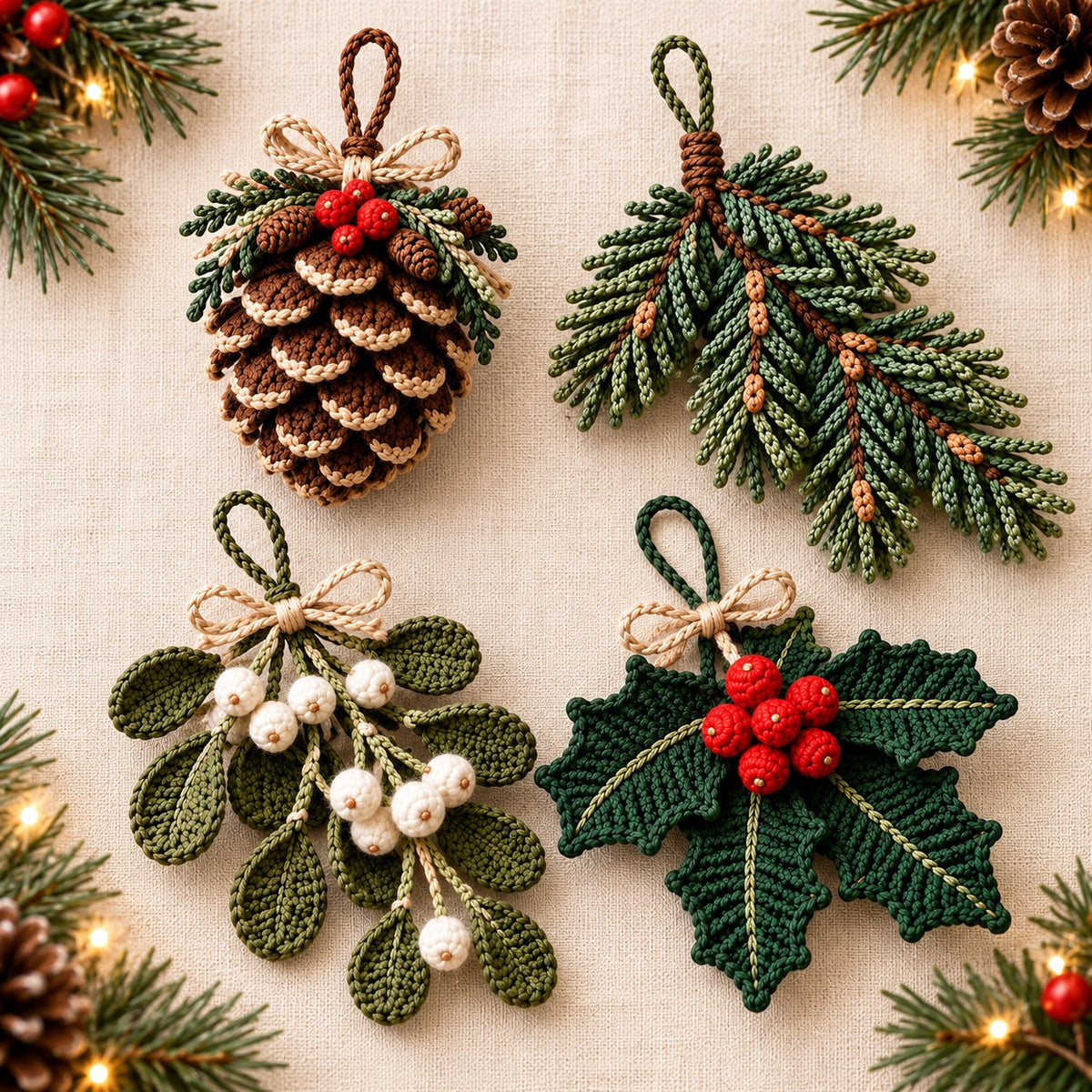 4-in-1 Christmas Botanical Ornament Crochet Pattern Bundle PDF – Pinecone, Spruce, Mistletoe & Holly