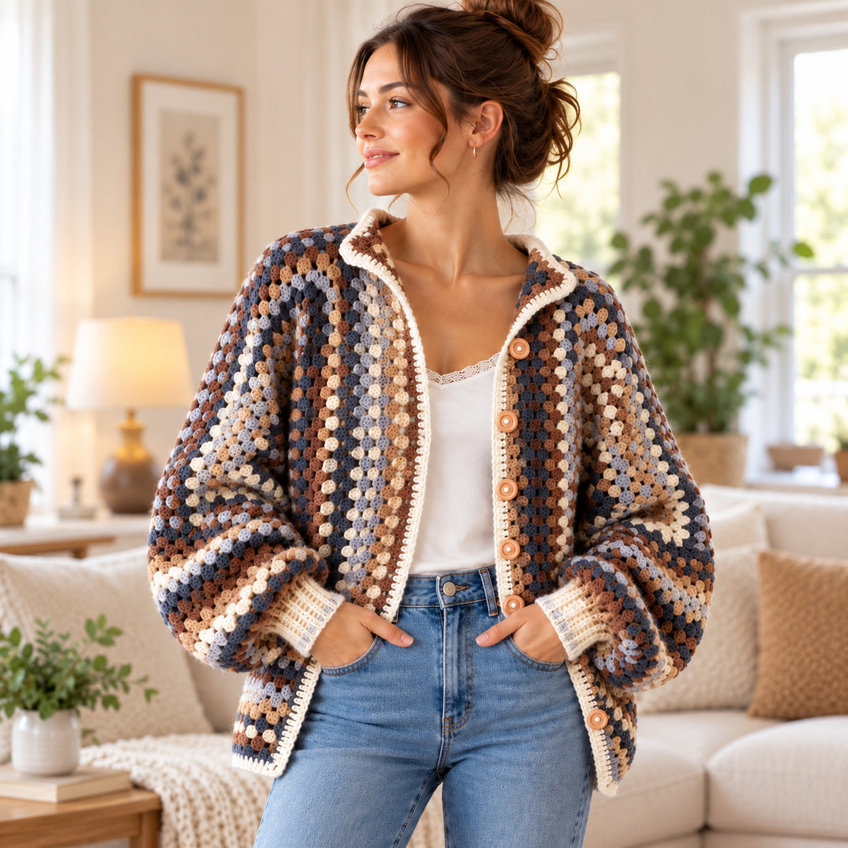 Granny Square Cardigan Crochet Pattern PDF – Oversized Boho Sweater XS–XXL