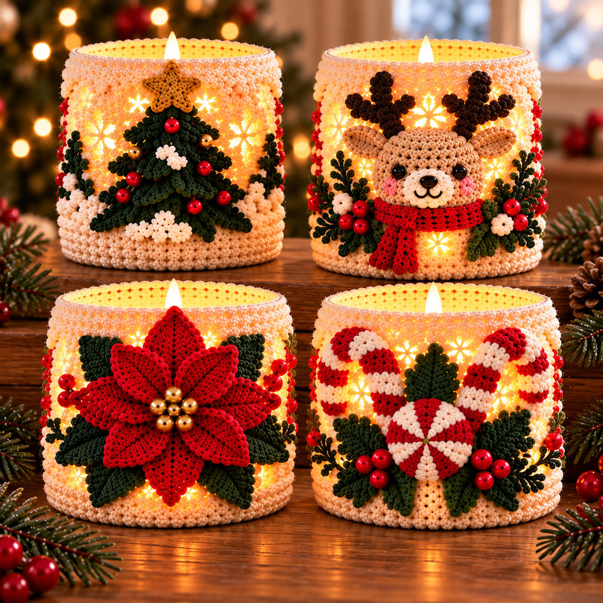4 Christmas Luminary Crochet Patterns Bundle PDF – Reindeer, Tree, Poinsettia & Peppermint
