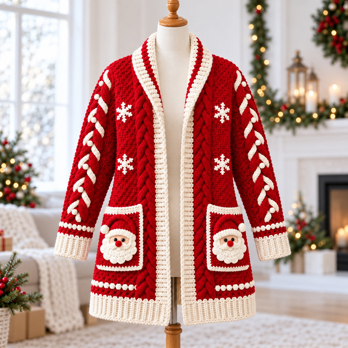 Christmas Santa Cable Cardigan Crochet Pattern PDF – Festive Sweater S–3XL