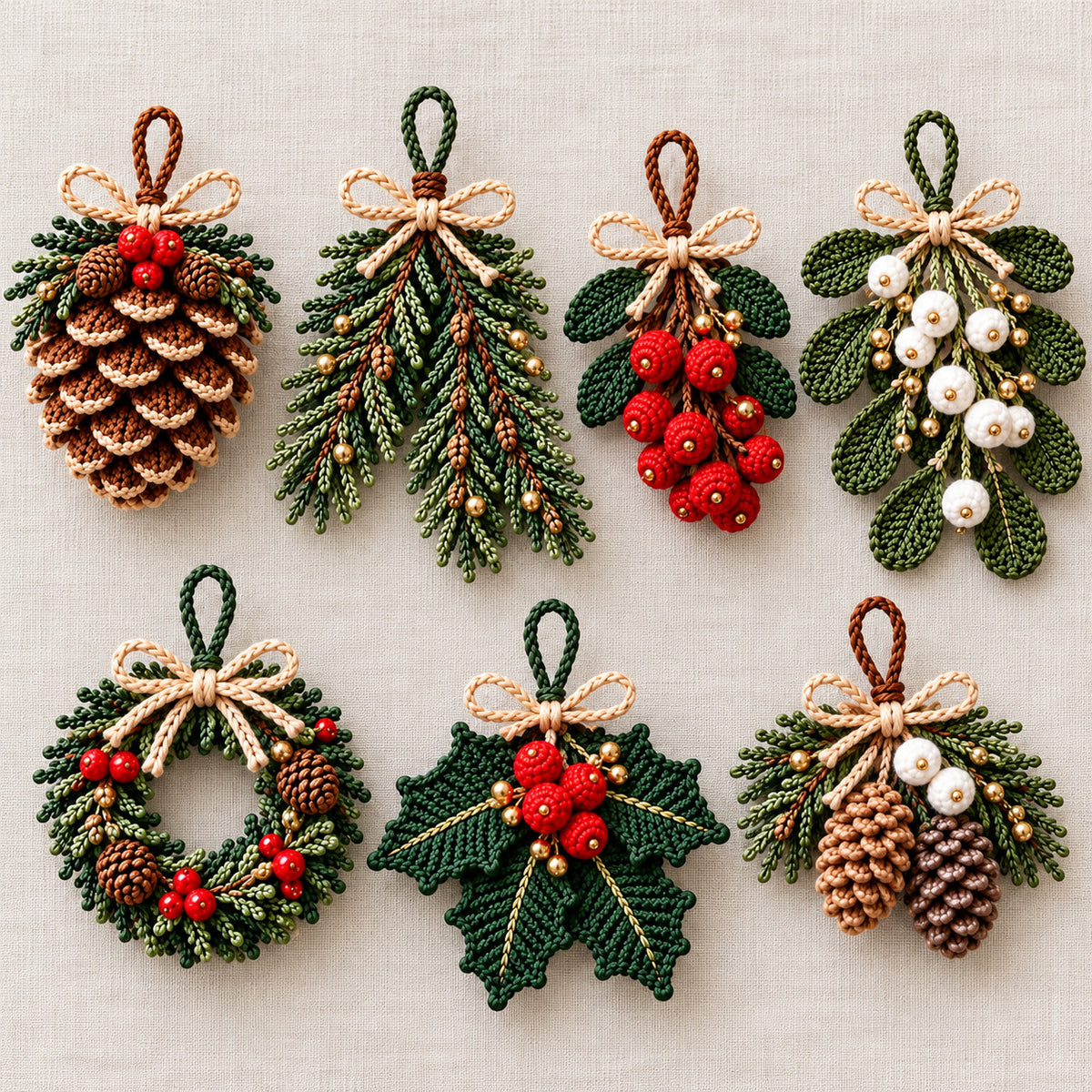 4 Christmas Ornament Crochet Patterns Bundle PDF – Pinecone, Spruce, Mistletoe & Holly