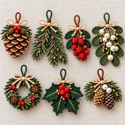 4 Christmas Ornament Crochet Patterns Bundle PDF – Pinecone, Spruce, Mistletoe & Holly
