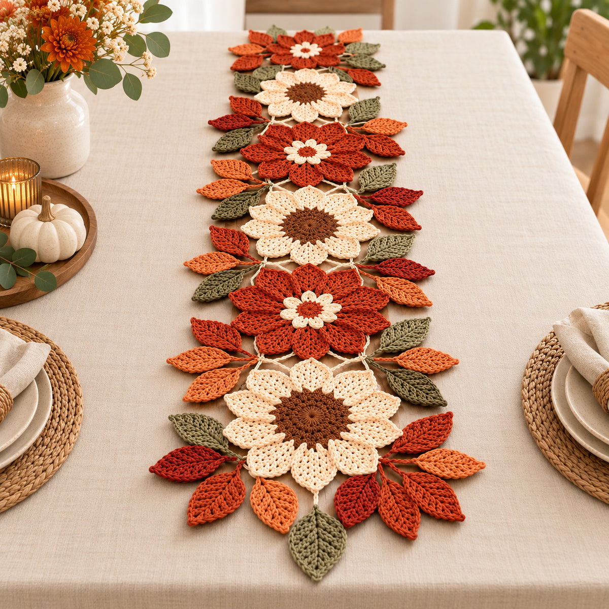 Crochet Table Runner Pattern PDF – Autumn Sunflower-Inspired Floral & Leaf Decor